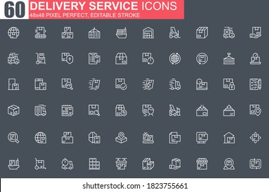 Delivery service thin line icon set. Logistics and shipping outline pictograms for website and mobile app GUI. Express delivery simple UI, UX. Grid 48x48 pixel perfect linear vector icons pack.