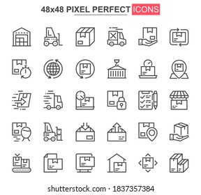 Delivery service thin line icon set. Logistics and shipping outline pictograms for website and mobile app GUI. Express delivery simple UI, UX vector icons. 48x48 pixel perfect pictogram pack.