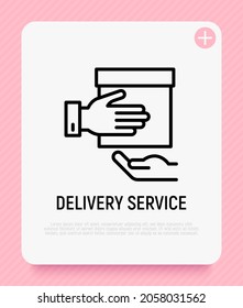 Delivery service thin line icon. Courier brings package to client. Modern vector illustration 