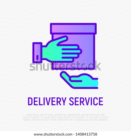 Delivery service thin line icon. Courier brings package to client. Modern vector illustration 