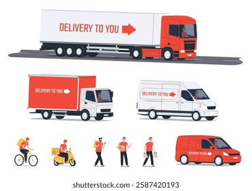 Delivery service transport. Courier, delivery by scooter, van, large truck. Transportation of goods. Vector illustration