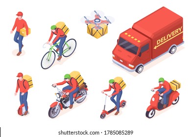 Delivery service transport icons, vector isometric courier man and trucks. Food delivery service courier man with boxes on unicycle scooter, bicycle or motorcycle, drone delivering parcel package