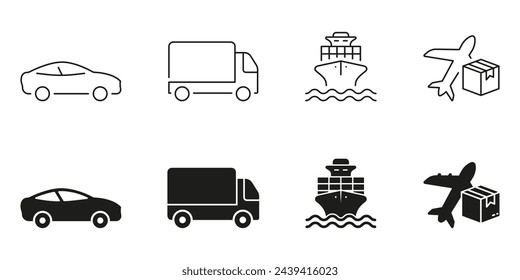 Delivery Service Transport Line and Silhouette Icon Set. Car, Truck, Ship, Plane Symbol Collection. Cargo Shipment Pictogram. Shipping Vehicle Sign. Transportation Types. Isolated Vector Illustration.