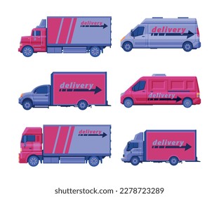 Delivery service transport set. Truck and van cars transportation distribution vehicles cartoon vector illustration