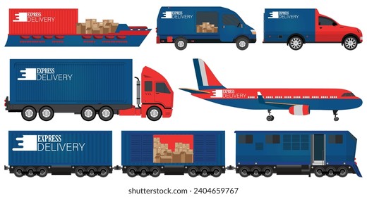 Tipos de transporte de servicios de entrega establecidos aislados en fondo blanco. entrega en automóvil, camioneta, camión, camión, carga aérea, barco de carga y tren de carga, ilustración de los vectores de transporte. 