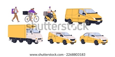 Delivery service transport types set. Walking courier, delivering on bicycle, scooter, bike, car, van, lorry, different vehicles. Flat graphic vector illustrations isolated on white background