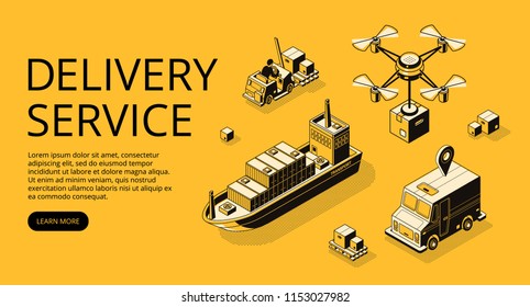 Delivery service transport vector illustration of air freight, ship cargo or drone and truck with parcel boxes. Shipping and logistics types isometric black thin line on yellow halftone background