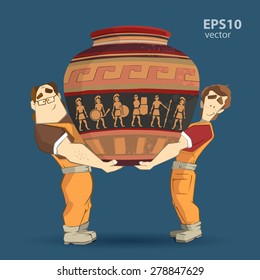 Delivery service and transportation company illustration. Two workers mover man holding and carrying big heavy old egyptian vintage antique vase. 3d color vector creative concept with characters.