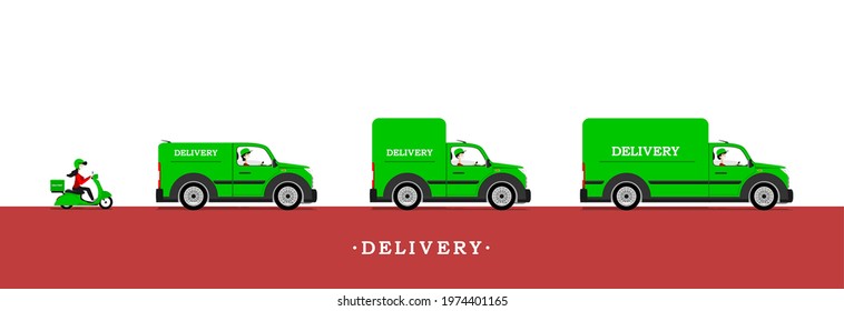 Delivery service, or transportation of goods. Green cars and scooter. 