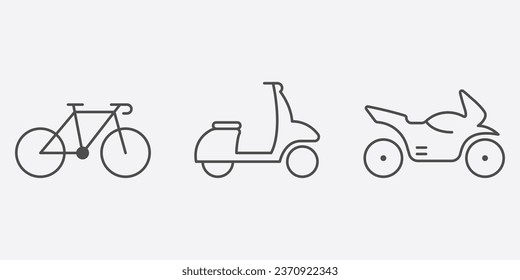 Delivery Service Transportation Line Icon Set. Motorbike, Bike, Moped, Scooter Linear Pictogram. Road Outline Sign. Motor Transport Symbol Collection. Editable Stroke. Isolated Vector Illustration.