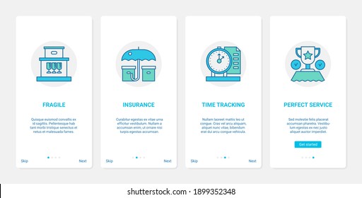 Servicio de entrega, ilustración vectorial de temporización de transporte. UX, interfaz de usuario conectado a la pantalla de la aplicación móvil con seguro de carga de línea, entrega de mercancías frágiles, administración de tiempo, seguimiento de los símbolos de los pedidos