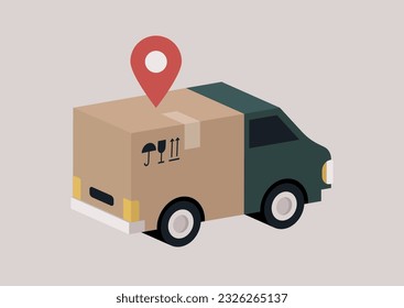Delivery service, a truck loaded with a huge cardboard box