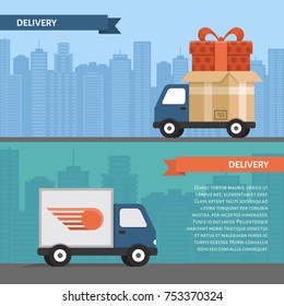 Delivery service. Delivery truck  on city background. Flat style, vector illustration.