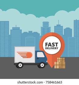 Delivery service. Delivery truck  on city background. Flat style, vector illustration.