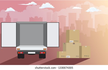 Delivery service. Delivery truck over cityscape with stack of carton boxes rear view. Flat style, vector illustration.