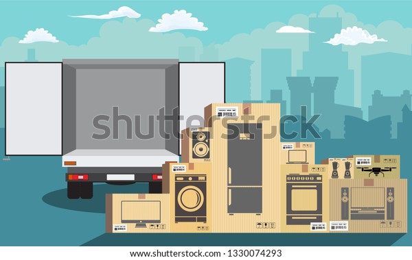 Delivery service.\
Delivery truck over cityscape with stack of carton boxes. Flat\
style, vector\
illustration.