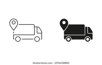 Delivery Service Truck with Pin Location Line and Silhouette Icon Set. Shipment Route Pictogram. Editable Stroke. Isolated Vector Illustration.