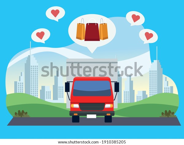 delivery service truck with shopping bags scene\
vector illustration\
design
