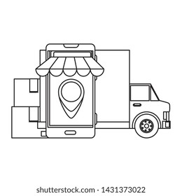 delivery service truck with smartphone and boxes