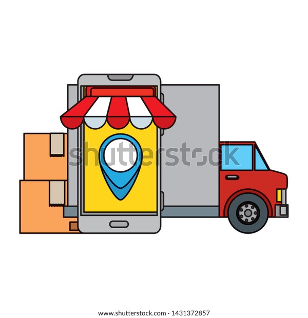 delivery service\
truck with smartphone and\
boxes
