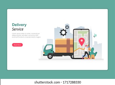 Delivery service with trucking design concept. Courier character carrying box package to deliver to customer. Smartphone with gps app symbol. Business landing page with flat style drawing 