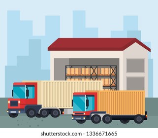 delivery service trucks in warehouse