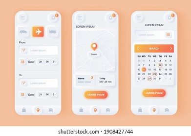 Delivery service unique neomorphic design kit. Express delivery solution with shipping time, calendar planner, route on map. UI UX templates set. Vector illustration of GUI for responsive mobile app.