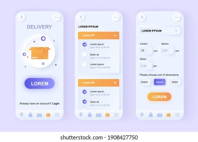 Delivery service unique neomorphic design kit. Online order and express delivery service with shipping time and route description. UI UX templates set. Vector illustration of GUI for mobile app.