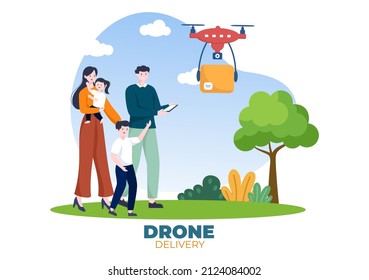 Delivery Service use Drone Background Vector Illustration. Employee Distributing Boxes using Modern Technology Device for Shipping Parcel Package 
