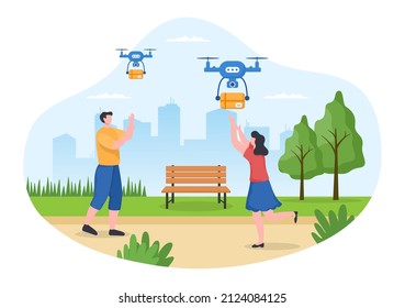 Delivery Service use Drone Background Vector Illustration. Employee Distributing Boxes using Modern Technology Device for Shipping Parcel Package 