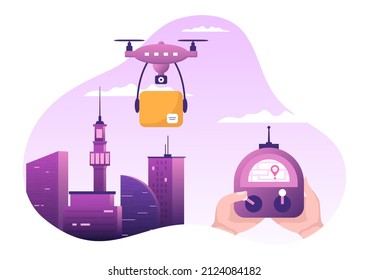 Delivery Service use Drone Background Vector Illustration. Employee Distributing Boxes using Modern Technology Device for Shipping Parcel Package 