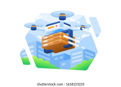 Delivery service using drone vector. A drone delivery pizza packages to the customer.