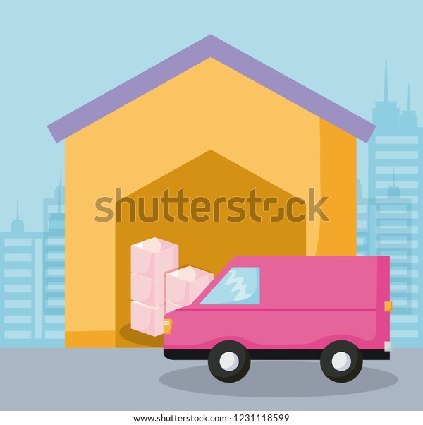 delivery service\
van car with boxes and\
storage