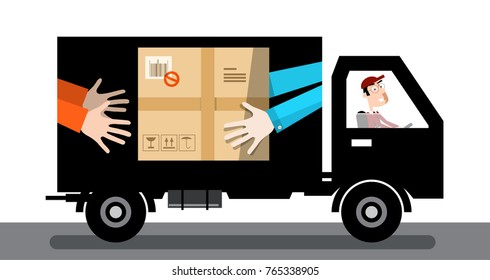 Delivery Service Van. Car with Parcel and Driver Isolated on White Background.