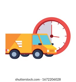 camioneta de servicio de entrega con icono aislado de reloj diseño de ilustración vectorial