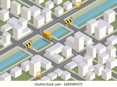 Delivery service van and curfew city navigation, lockdown flat drawing schema, isometric quarantine delivery cargo truck GPS navigation