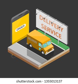 Delivery service van navigation smartphone, phone vector drawing schema isometric delivery cargo truck GPS navigation tablet, itinerary destination arrow isometry phone. Low poly style vehicle truck