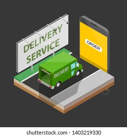 Delivery service van navigation smartphone, phone vector drawing schema isometric delivery cargo truck GPS navigation tablet, itinerary destination arrow isometry phone. Low poly style vehicle truck