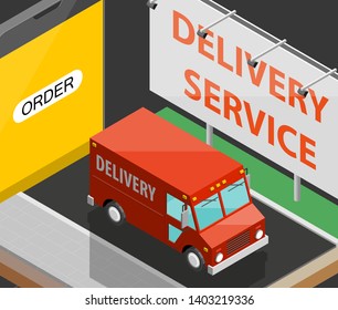 Delivery service van navigation smartphone, phone vector drawing schema isometric delivery cargo truck GPS navigation tablet, itinerary destination arrow isometry phone. Low poly style vehicle truck