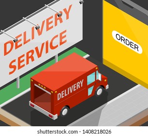 Delivery service van navigation smartphone, phone vector drawing schema isometric delivery cargo truck GPS navigation tablet, itinerary destination arrow isometry phone. Low poly style vehicle truck
