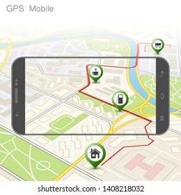 Delivery service van navigation smartphone, phone vector drawing schema isometric delivery cargo truck GPS navigation tablet, itinerary destination arrow isometry phone. Low poly style vehicle truck