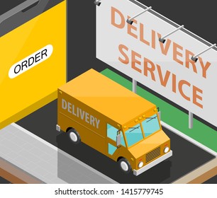 Delivery service van navigation smartphone, phone vector drawing schema isometric delivery cargo truck GPS navigation tablet, itinerary destination arrow isometry phone. Low poly style vehicle truck