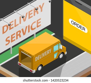 Delivery service van navigation smartphone, phone vector drawing schema isometric delivery cargo truck GPS navigation tablet, itinerary destination arrow isometry phone. Low poly style vehicle truck