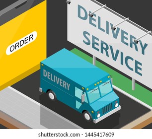 Delivery service van navigation smartphone, phone vector drawing schema isometric delivery cargo truck GPS navigation tablet, itinerary destination arrow isometry phone. Low poly style vehicle truck