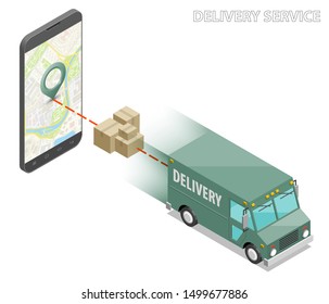 Delivery service van navigation smartphone, phone vector drawing schema isometric delivery cargo truck GPS navigation tablet, itinerary destination arrow isometry phone. Low poly style vehicle truck