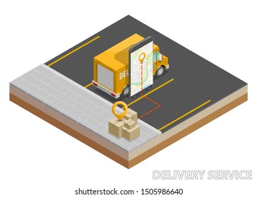 Delivery service van navigation smartphone, phone vector drawing schema isometric delivery cargo truck GPS navigation tablet, itinerary destination arrow isometry phone. Low poly style vehicle truck