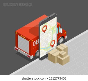 Delivery service van navigation smartphone, phone vector drawing schema isometric delivery cargo truck GPS navigation tablet, itinerary destination arrow isometry phone. Low poly style vehicle truck