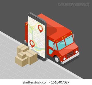 Delivery service van navigation smartphone, phone vector drawing schema isometric delivery cargo truck GPS navigation tablet, itinerary destination arrow isometry phone. Low poly style vehicle truck