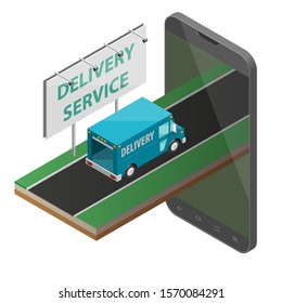 Delivery service van navigation smartphone, phone vector drawing schema isometric delivery cargo truck GPS navigation tablet, itinerary destination arrow isometry phone. Low poly style vehicle truck