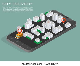 Delivery service van navigation smartphone, phone vector drawing schema isometric delivery cargo truck GPS navigation tablet, itinerary destination arrow isometry phone. Low poly style vehicle truck